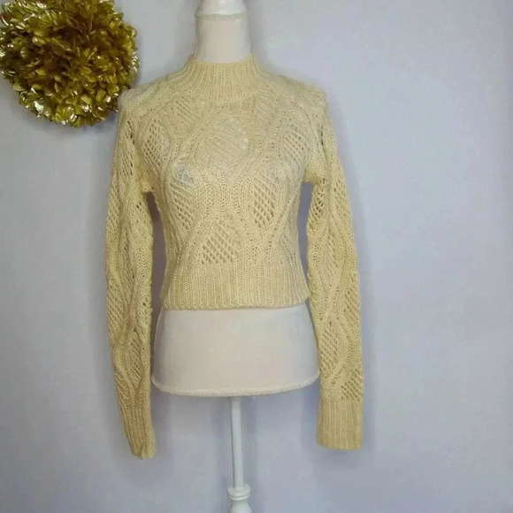 Forever 21 Womens Pullover Sweater Beige Mock Neck Ribbed Trim Cable Knit S - Picture 1 of 5